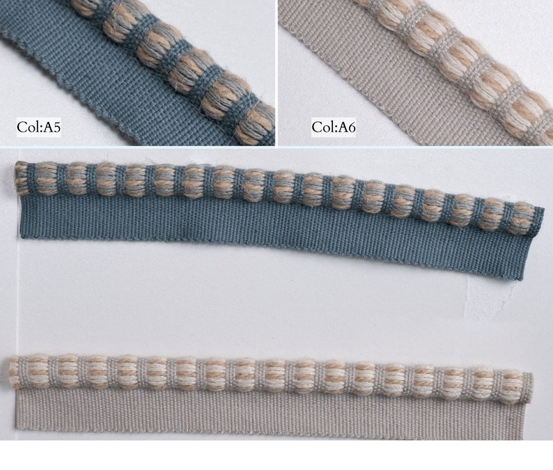 May include: Two samples of trim fabric, one in a light blue color and the other in a light beige color. Both trims feature a decorative edge with small, round, beige and brown woven balls.
