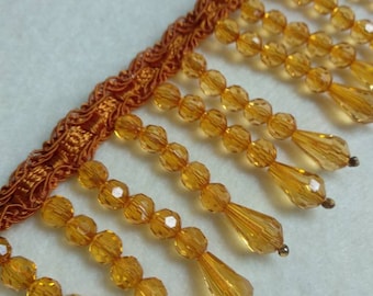 Honey Gold Crystal Beads Fringe Trimming | 5 cm - 2 inches Height Luxury Beaded Fringe Trims