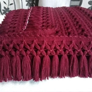 Galon bordeaux à franges et franges | Bordure en ruban de dentelle de 8 cm à 3,15 po. de large | Rideaux, robes, costumes, accessoires au mètre