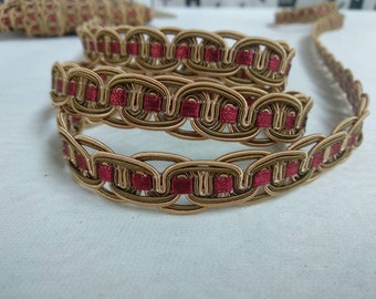 Czerwono-złote cienkie frędzle warkoczowe lamówki tapicerskie 1,5 cm frędzle warkocz tapicerski lamówka warkocz frędzle warkocz tapicerski warkocz