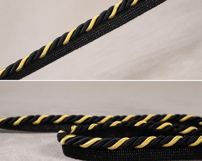 Black-Gold Rayon Flanged Piping Cord|10mm (0.39") Twisted Cord, Piping Cord, Cushions Trim, Upholstery Trim| Silky Cord by the meter.