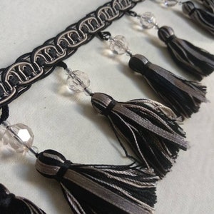 Black Grey Tassel Fringe Trim with Beads| 9cm - 3.54inches height tassel trimmings curtain fringe trim