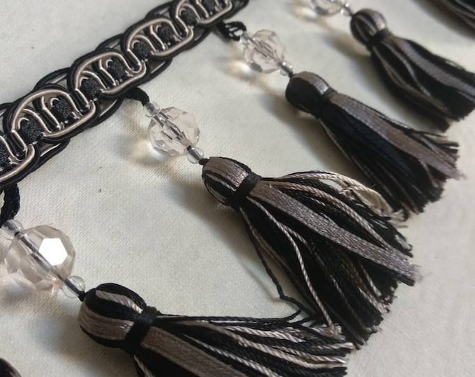 Black Grey Tassel Fringe Trim with Beads| 9cm - 3.54inches height tassel trimmings curtain fringe trim
