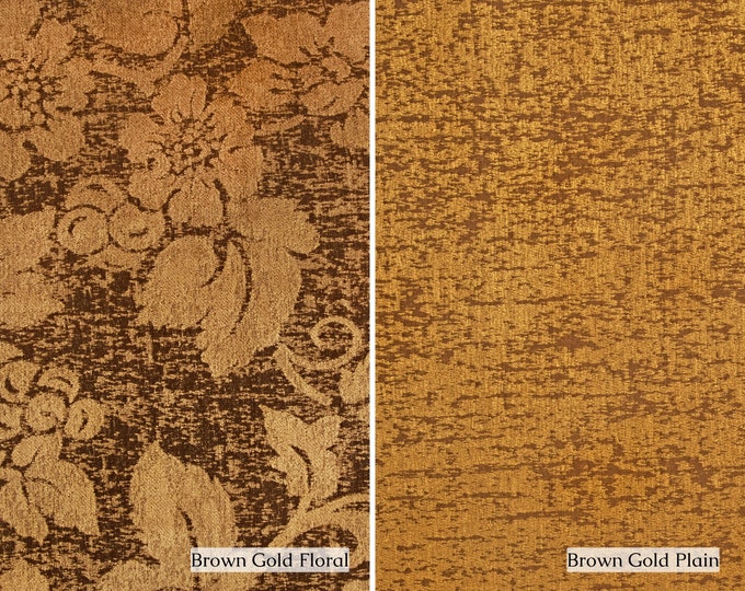 Jacquard Fabric Brown Gold Floral & Plain Pattern |heavy and soft for drapery, Cushions, upholstery,| 280cm-110" Width |Sold by the meter