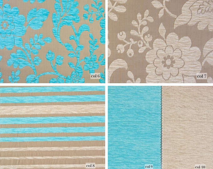Velvet Ariadne Cyan Blue Beige Classic Chenille Upholstery Fabric | 280 cm - 110 inches width upholstery fabric