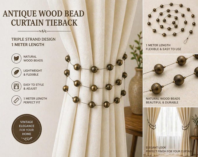 Antique Bead Curtain Tieback 1 Meter | Bronze Finish Beaded Tie Back Triple Strand | Vintage Curtain HoldbackDrapes Tiebacks