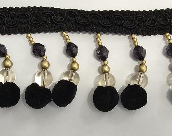 Last 3.75m Black beads pompom fringe trim/9 cm - 3.54 inches heightbeaded fringe trim embellishmenta