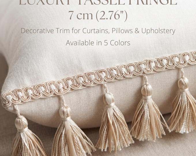 Luxury Tassel Fringe Trim with Beads | 7cm (2.76") Decorative Curtain, Pillow & Upholstery Trim | Elegant Tassel Braid