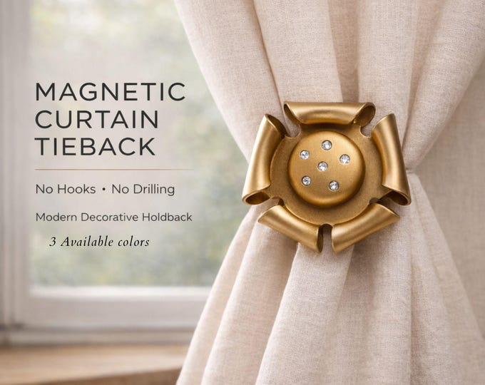Luxury Metal Magnetic Curtain Tieback – No Drill Holdback, Decorative Designer Drapery Clip, Antique Gold Nickel Curtain Holder