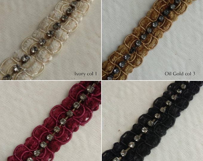 4 Colors Diamond Collection Braid Trims | 1.6cm - 0.62 inches Upholstery Braid Ribbon Gimp with strass by the meter
