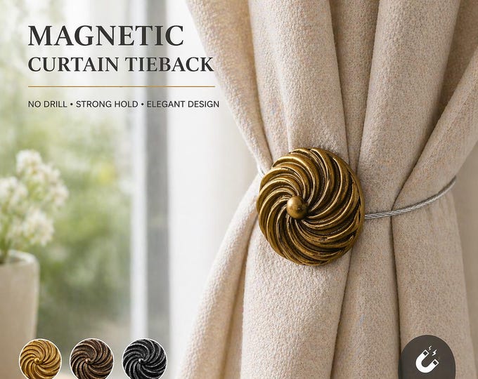 Magnetic Curtain Tiebacks | 5cm / 1.96" No Drill Holdbacks | Drapery Curtain Holders | Antique Gold Black Retro Decor | Strong Magnetic Clip