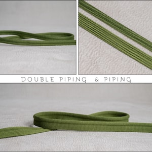 May include: Olive green double piping and single piping trim featuring a ribbed texture. The image displays the textile trim in multiple views with the text DOUBLE PIPING & PIPING centered between the panels, showcasing the corded edge.