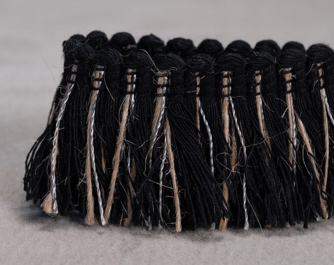 Cotton-Jute-Rayon Brush Fringe trim/4cm-1.57"width/Black-Jute-Rayon, Ethnic decorative Chainette Fringe Ribbon Border|DIY Crafts|Sewing trim