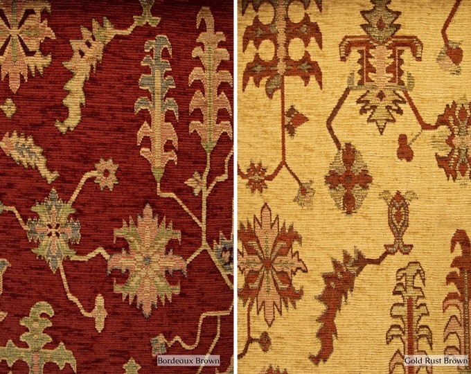 Classic Floral Chenille Jacquard Upholstery Fabric | 140cm-55" Width Bordeaux Brown & Gold Rust Brown Upholstery Fabric