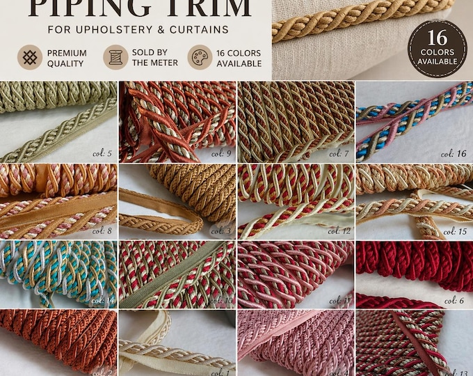 Braided Piping Trim 9mm for Upholstery & Cushions | Decorative Cord Trim | 16 Colors | Sold by the Meter