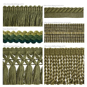 Relax Olive Green Fringe Trims Collection | Cords, lace ribbon Gimps, Chainette Fringe, Bullion Fringe & more