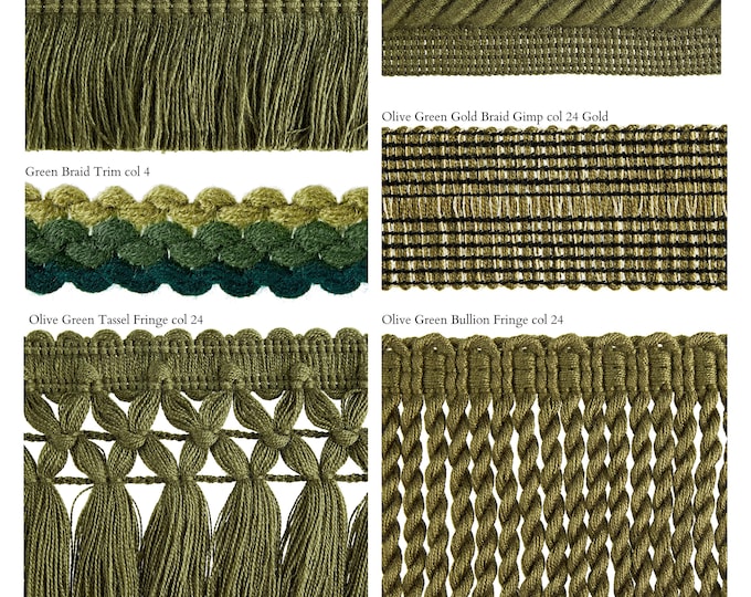 Relax Olive Green Fringe Trims Collection | Cords, lace ribbon Gimps, Chainette Fringe, Bullion Fringe & more
