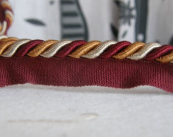 Red Wine Ivory Gold Rayon Flanged Piping Cord| 10mm (0.39") Piping Cord, Cushions Trim, Upholstery Trim| Silky Piping Cord by the meter