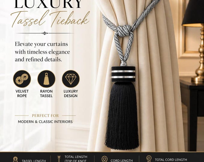 Black Velvet Tassel Curtain Tieback 39cm | Luxury Rope Tieback Large Tassel Curtain Holdback Elegant Drapery Accessory