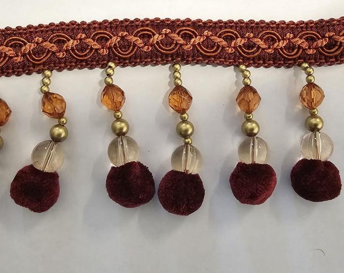 Red Wine beads pompom fringe trim/9 cm - 3.54 inches heightbeaded fringe trim embellishmenta
