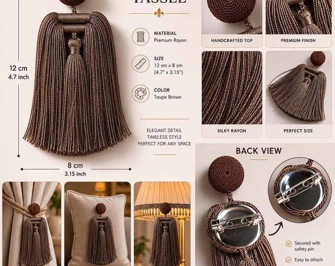 Luxury Clip-On Tassel Brooch | Rayon Curtain Tassel Pin | Removable Passementerie Ornament | 12cm x 8cm Decor Tassel