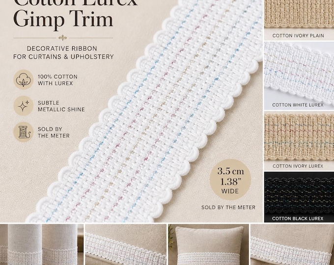 Cotton Lurex Gimp Trim 3.5cm (1.38”) – Decorative Ribbon for Curtains & Upholstery – Subtle Metallic Shine Drapery Tape – Sold by the Meter