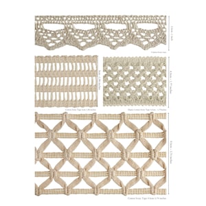 May include: Three different widths of ivory cotton lace trim. The top trim is 2.5 cm wide, the middle trim is 5 cm wide, and the bottom trim is 9.5 cm wide.