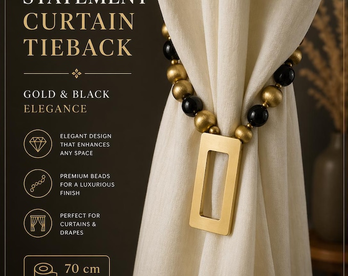 Luxury Beaded Curtain Tieback 70cm | Gold Black Statement Tieback Elegant Curtain Holdback Decorative Drapery Accessory