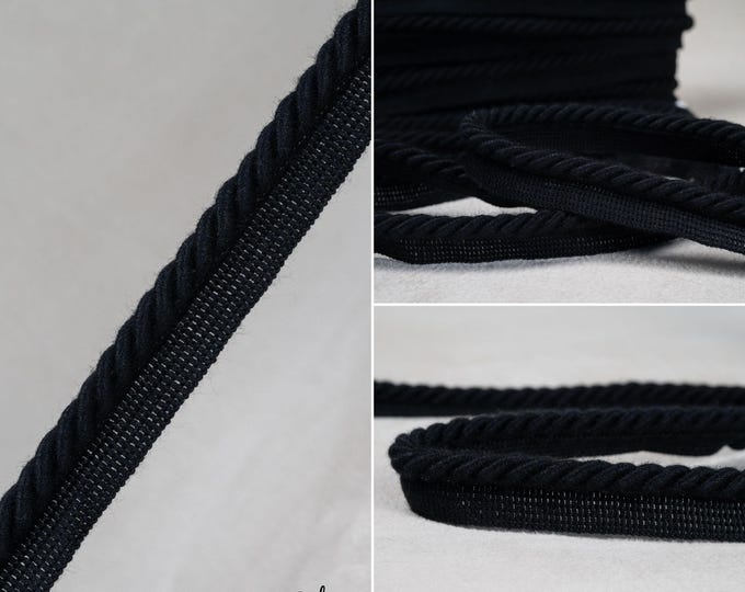 10mm or 6mm Relax Flanged Piping Cord | Black Thick Upholstery Cord with Tape | Sold by the meter