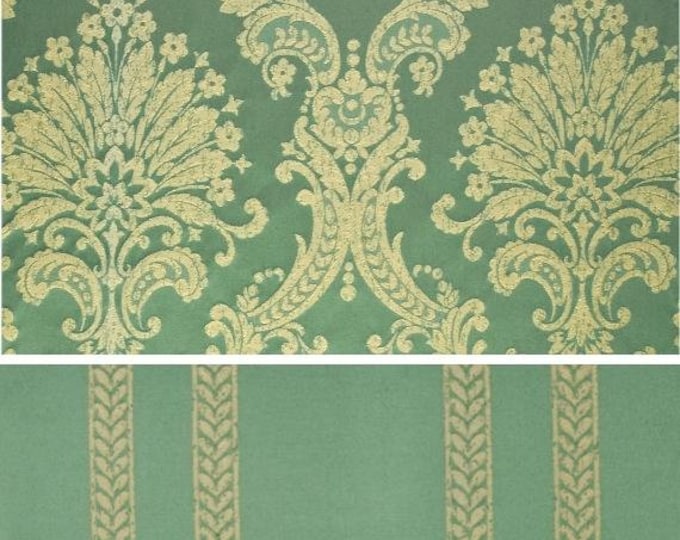 Green Beige Large Regal Damask Jacquard Classic Upholstery Fabric | Double Width 280 cm - 110 inches
