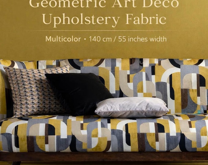 Geometric Art Deco 100% Cotton Panama & Velvet | 140cm-55inches Width artistic upholstery | Sold by the Meter