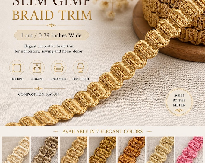 Luxury Slim Rayon Braid Trim | 1cm Elegant Gimp Ribbon for Upholstery, Sewing & Decorative Edging