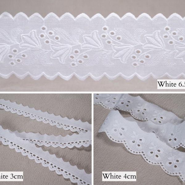 Galons en ruban de dentelle de coton blanc vintage | Galon en coton au crochet de 3 cm, 4 cm, 6,5 cm de large | Bordure en dentelle à oeillets Broderie Anglaise Vendu au mètre