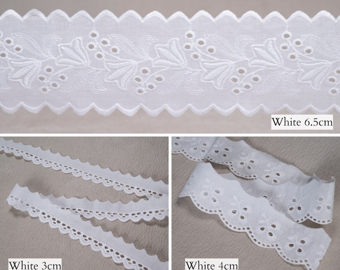 White Vintage Cotton Lace Ribbon Trims|3cm, 4cm, 6.5cm wide Cotton Crochet Trim | Broderie Anglaise Eyelet Lace Trim Sold by meter