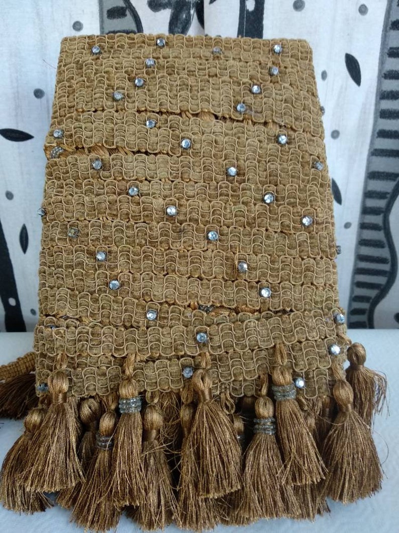 Gold  Beaded trim fringe 9 cm height Gold fringe trimming with crystal beads and strass