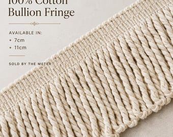 Luxury Cotton Bullion Fringe Trim | Natural Ivory Curtain & Upholstery Fringe | 7cm or 11cm Decorative Tassel Trim