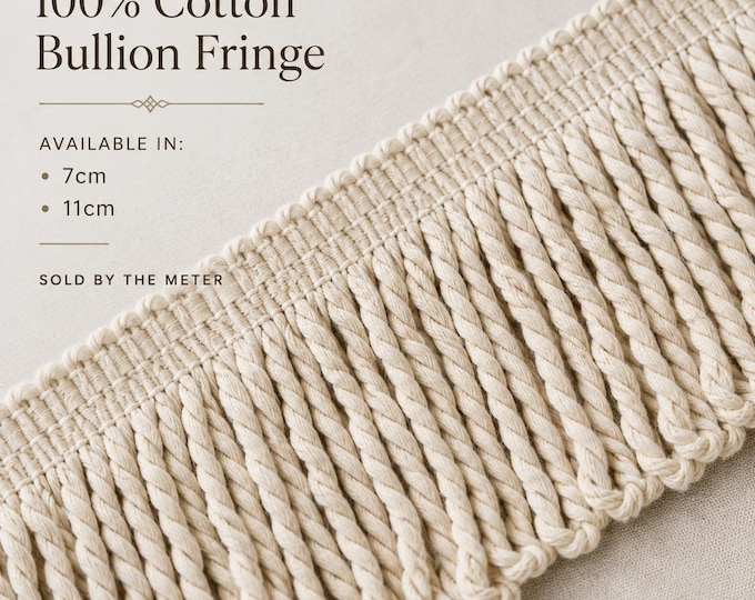 Luxury Cotton Bullion Fringe Trim | Natural Ivory Curtain & Upholstery Fringe | 7cm or 11cm Decorative Tassel Trim
