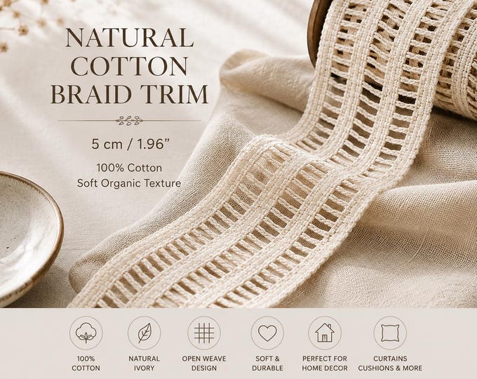 Natural Ivory Cotton Braid Trim | 5 cm / 1.96” Open Weave Decorative Tape for Curtains, Cushions & Upholstery