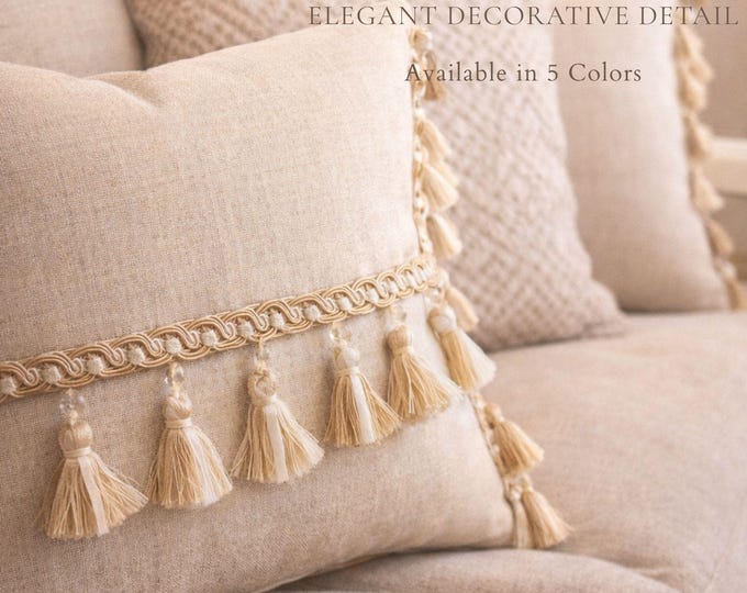 Luxury Tassel Fringe Trim for Pillows & Upholstery |Decorative Curtain Trim with Beads |7 cm(2.76”) Elegant Tassel Braid| 5 Colors Available