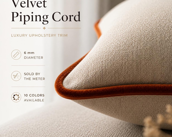 Velvet Piping Cord 6mm – Luxury Cushion Trim, Soft Velvet Edge for Pillows, Upholstery Piping Cord by the Meter