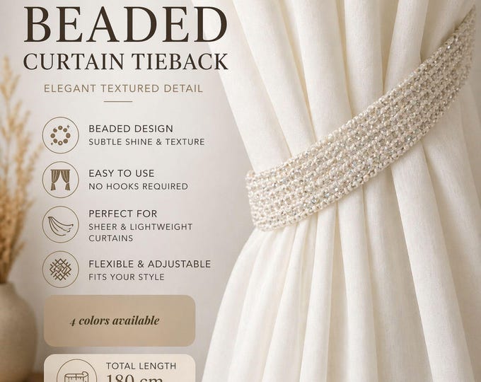 Beaded Curtain Tieback | Elegant Textured Drapery Holdback | Subtle Shine Curtain Tie | Neutral Home Decor | 6 Colors