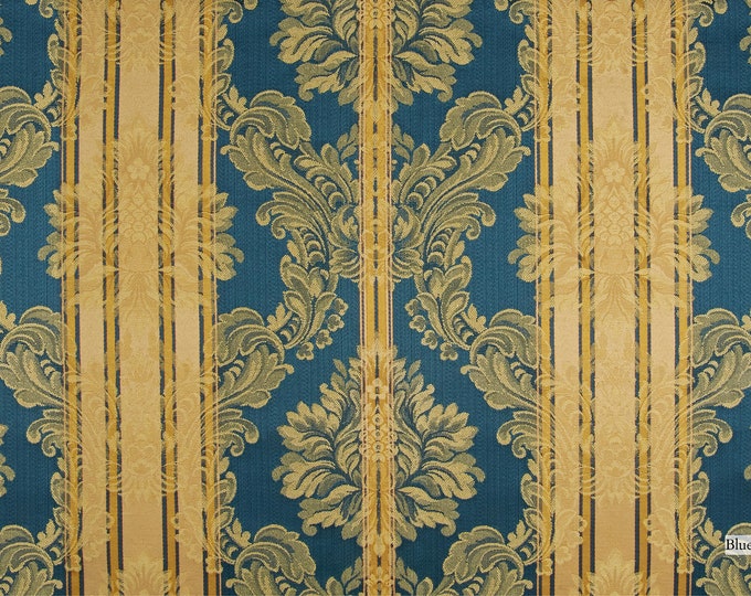 Blue Gold Classic Floral Damask Jacquard  Upholstery Fabric | Double WIdth 280cm - 110inches High Quality Classic Upholstery Fabric