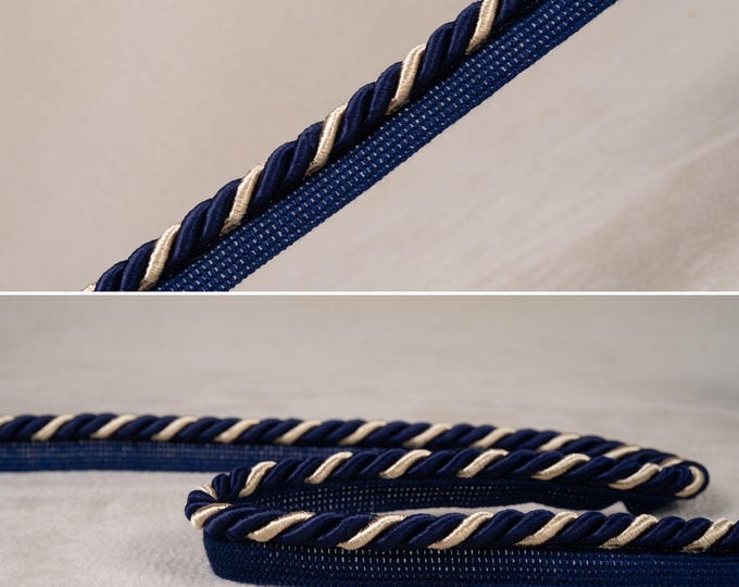 Navy Blue -Gold Rayon Flanged Piping Cord|10mm (0.39") Twisted Cord, Piping Cord, Cushions Trim, Upholstery Trim| Silky Cord by the meter.