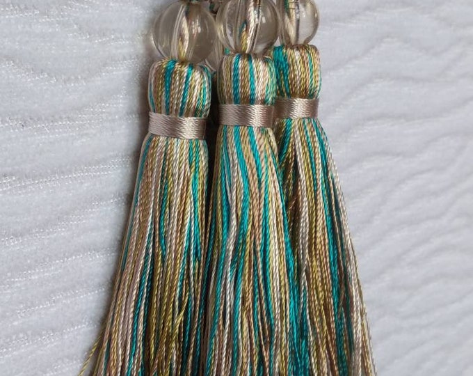 Turquoise Ivory Green Gold Mini Tassel With Beads | 9cm-3.54 inches Height With Loop | Silky Colorful Tassel