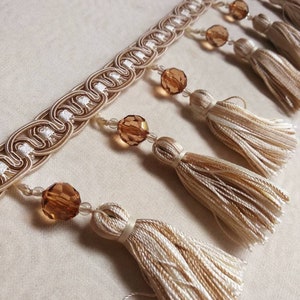 Ivory beige  tassel fringe trim with beads|9 cm - 3.54 inches height|tassel trimmings curtain fringe trim