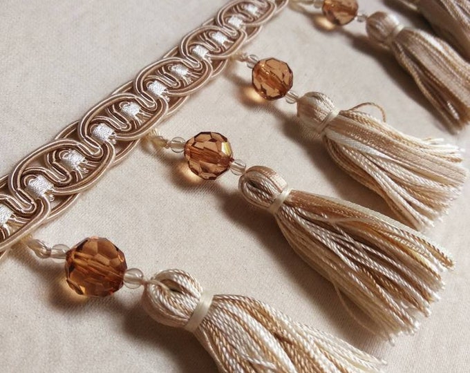 Ivory beige  tassel fringe trim with beads|9 cm - 3.54 inches height|tassel trimmings curtain fringe trim