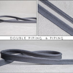 May include: A grey double piping trim featuring a ribbed texture and a central corded edge. The image displays the trim in multiple views with the text DOUBLE PIPING & PIPING centered between the panels, showcasing the flexible construction.