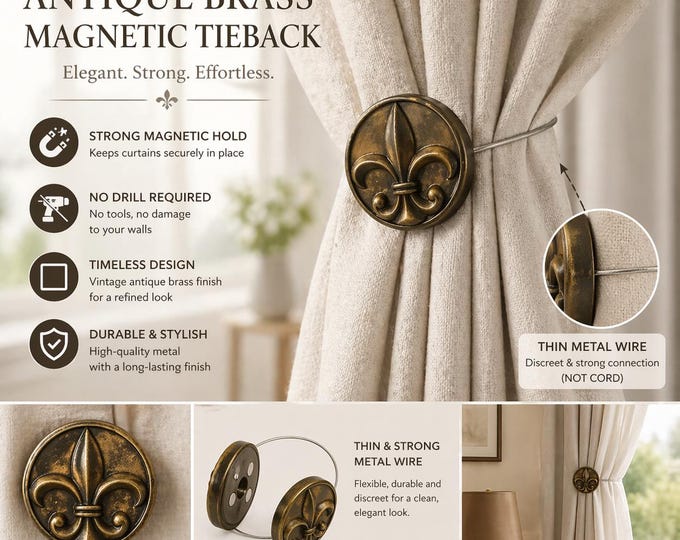 Antique Brass Magnetic Curtain Tieback with Thin Wire | Vintage Drapery Holdback No Drill | Elegant Curtain Holder Decor