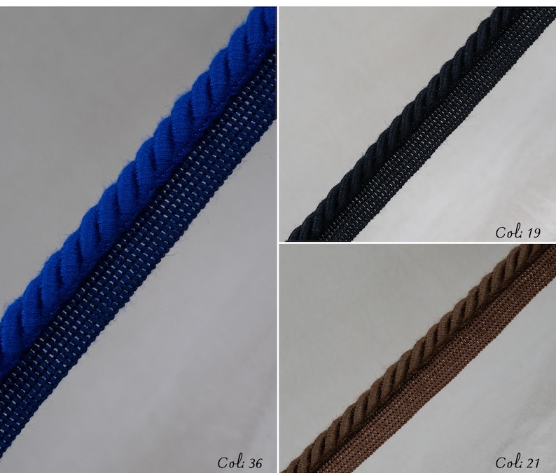 May include: Close-up of three samples of decorative trim. The top sample is a vibrant blue rope trim with a matching blue mesh backing. The middle sample is black rope trim with a black mesh backing. The bottom sample is brown rope trim with a brown mesh backing.