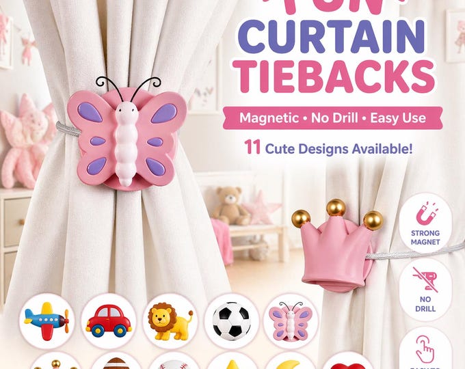 Kids Curtain Magnetic Tiebacks – Fun Cartoon Holdbacks, Butterfly Crown Car Animal Designs, No Drill Curtain Clips for Boys & Girls